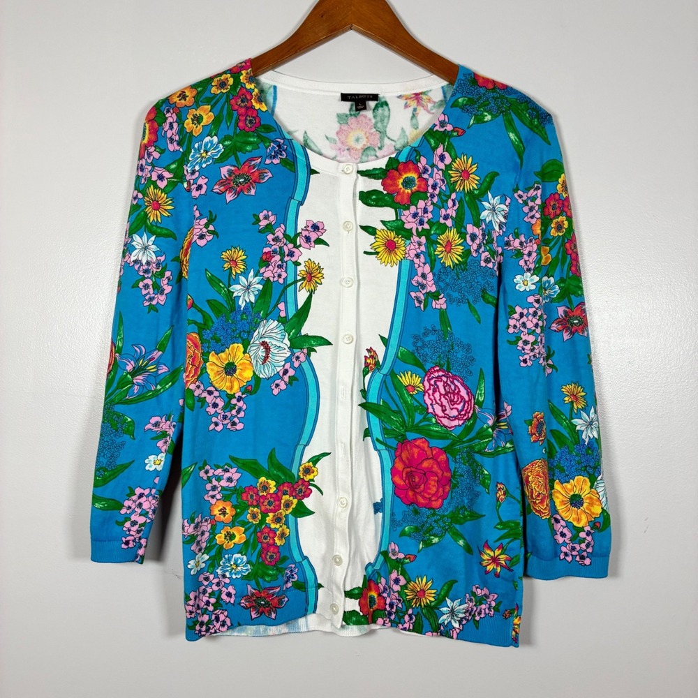 Talbots Cardigan L Floral Cotton Knit Sweater Garden Preppy Classic Cottage